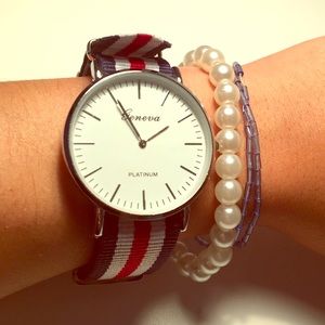 Geneva platinum red white and blue watch